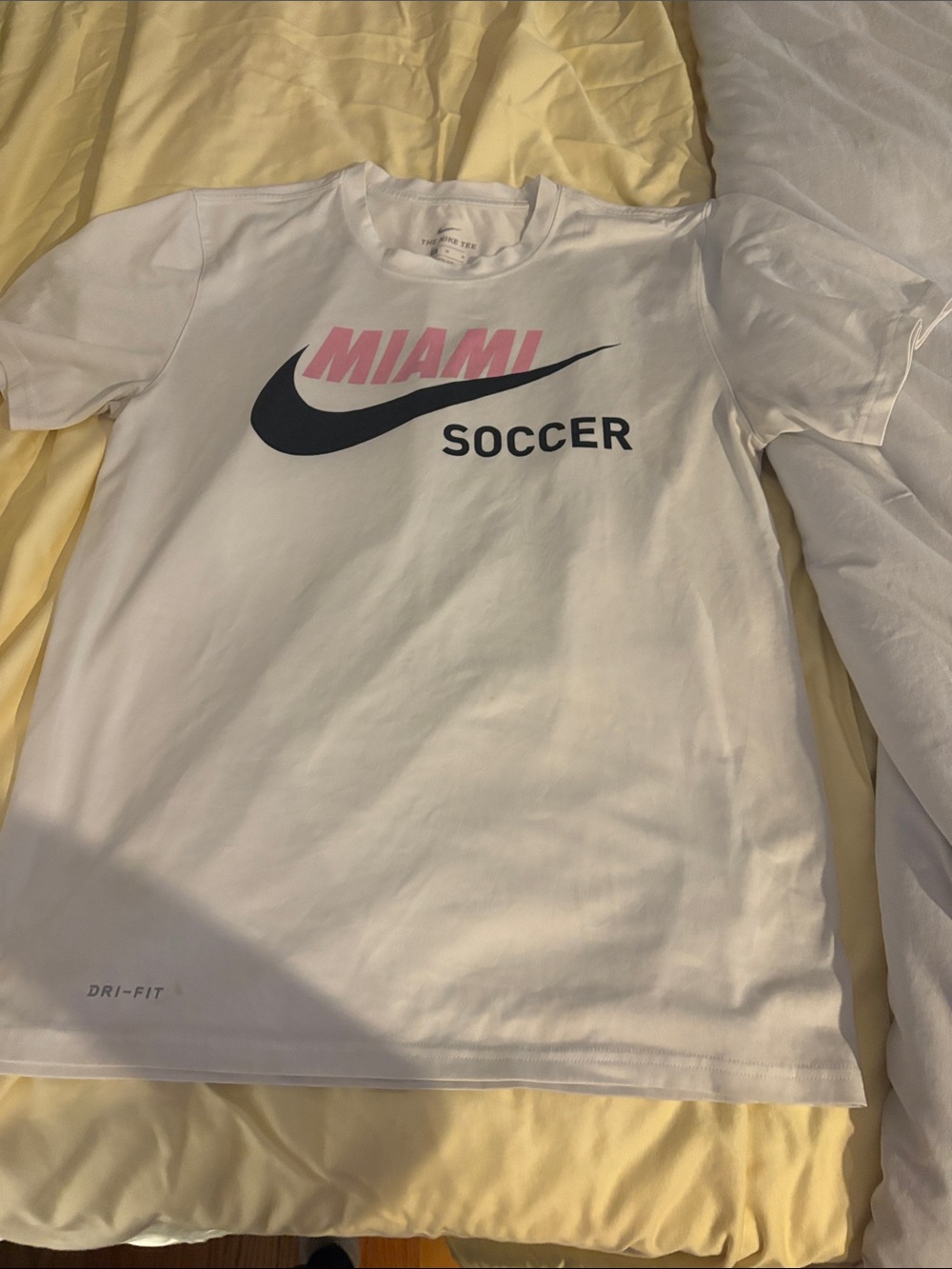 Nike White Tee with Pink MIAMI and Navy Swoosh Soccer Graphic